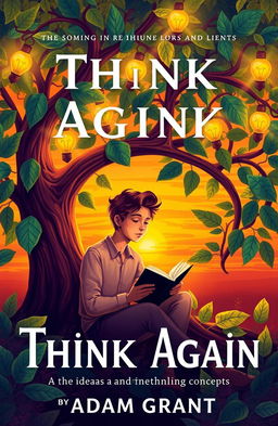 An artistic representation of the book 'Think Again' by Adam Grant, featuring a thoughtful individual sitting under a tree, surrounded by swirling leaves and lightbulbs symbolizing ideas and rethinking concepts