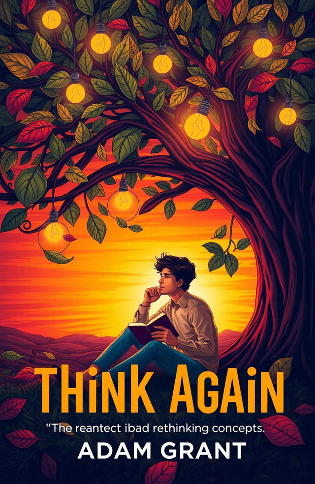 An artistic representation of the book 'Think Again' by Adam Grant, featuring a thoughtful individual sitting under a tree, surrounded by swirling leaves and lightbulbs symbolizing ideas and rethinking concepts