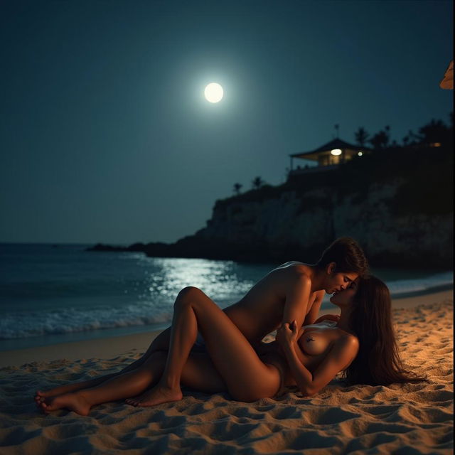 An artistic and sensual portrayal of a scene set at a beach shack during a moonlit night, focusing on a beautiful young Pakistani woman with long legs, artfully depicted in a nude form