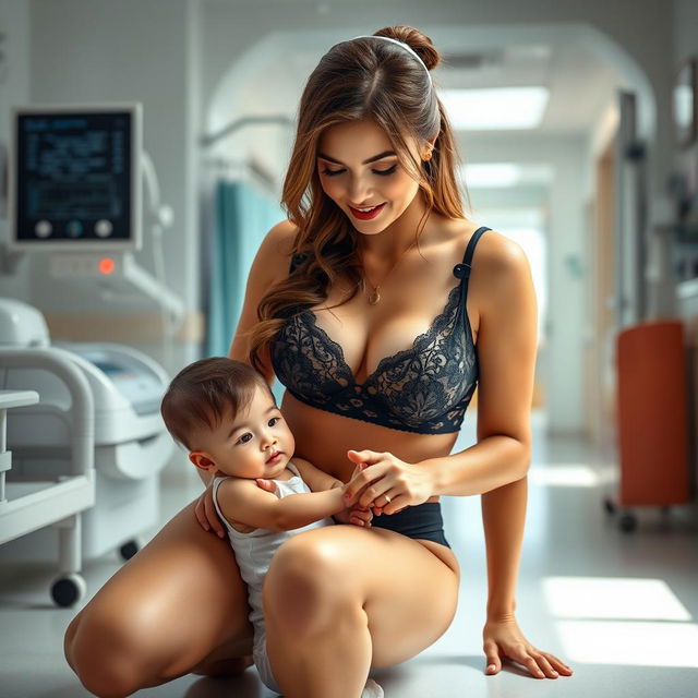 A sexy nurse in alluring lingerie with big breasts, adorned in a stylish and elegant black lace bra that subtly showcases her figure, assisting a young child in a lighthearted hospital environment