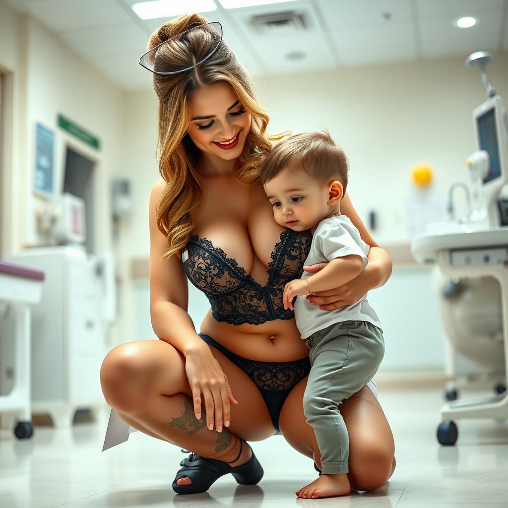 A sexy nurse in alluring lingerie with big breasts, adorned in a stylish and elegant black lace bra that subtly showcases her figure, assisting a young child in a lighthearted hospital environment