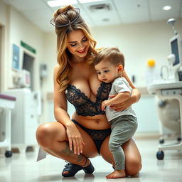 A sexy nurse in alluring lingerie with big breasts, adorned in a stylish and elegant black lace bra that subtly showcases her figure, assisting a young child in a lighthearted hospital environment