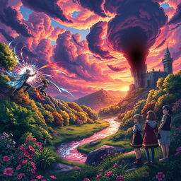 A captivating anime landscape depicting a dramatic scene set in an enchanting and colorful realm