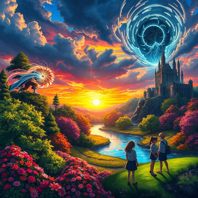 A captivating anime landscape depicting a dramatic scene set in an enchanting and colorful realm