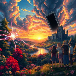 A captivating anime landscape depicting a dramatic scene set in an enchanting and colorful realm