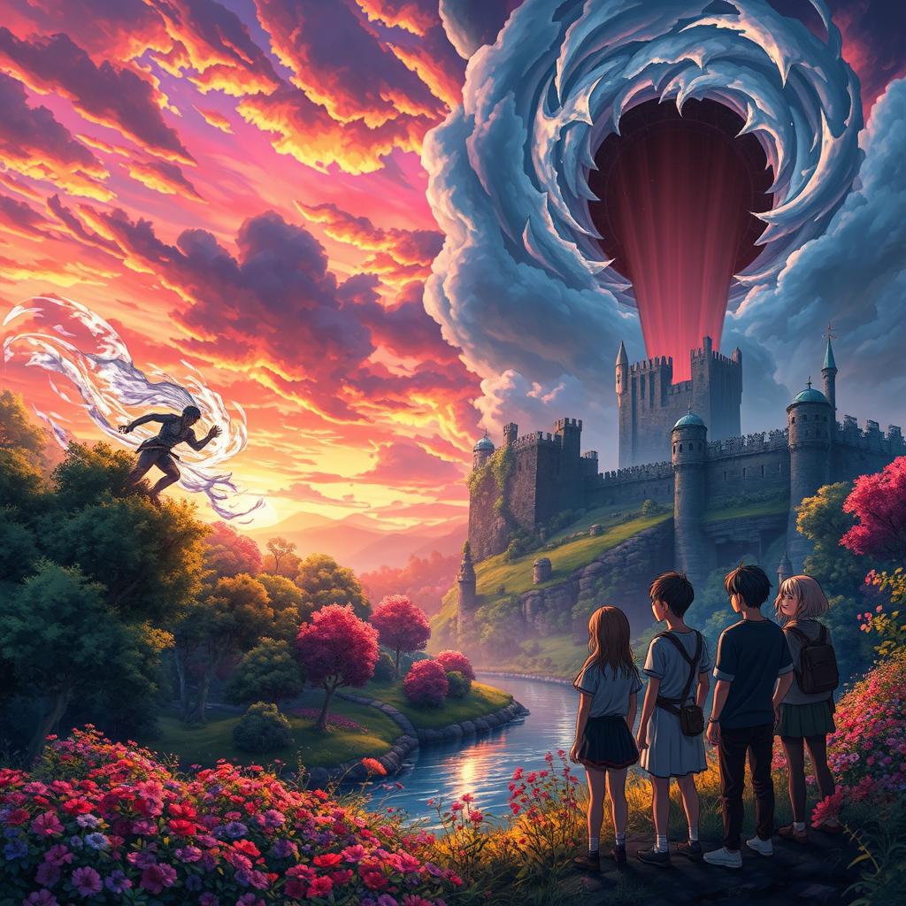 A captivating anime landscape depicting a dramatic scene set in an enchanting and colorful realm