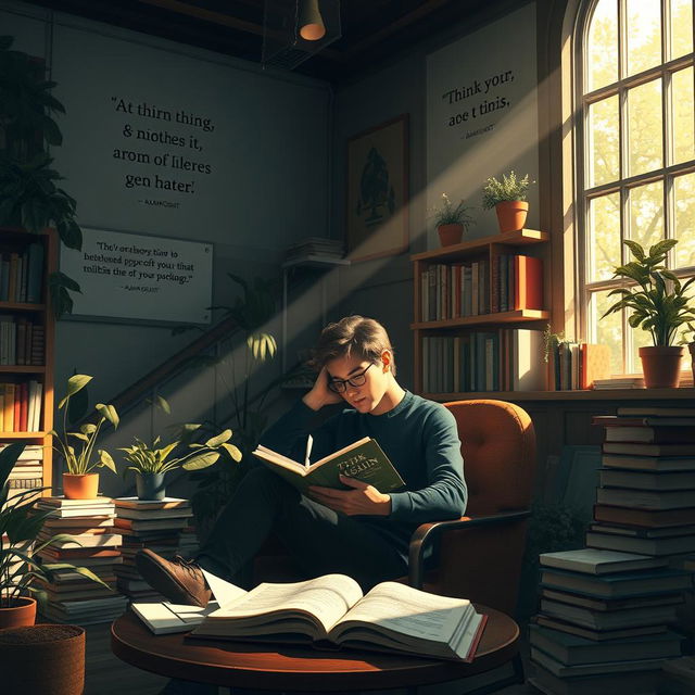 An artistic representation of the book 'Think Again' by Adam Grant, featuring a contemplative figure seated in a cozy library filled with books