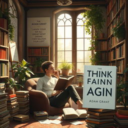 An artistic representation of the book 'Think Again' by Adam Grant, featuring a contemplative figure seated in a cozy library filled with books