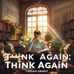 An artistic representation of the book 'Think Again' by Adam Grant, featuring a contemplative figure seated in a cozy library filled with books