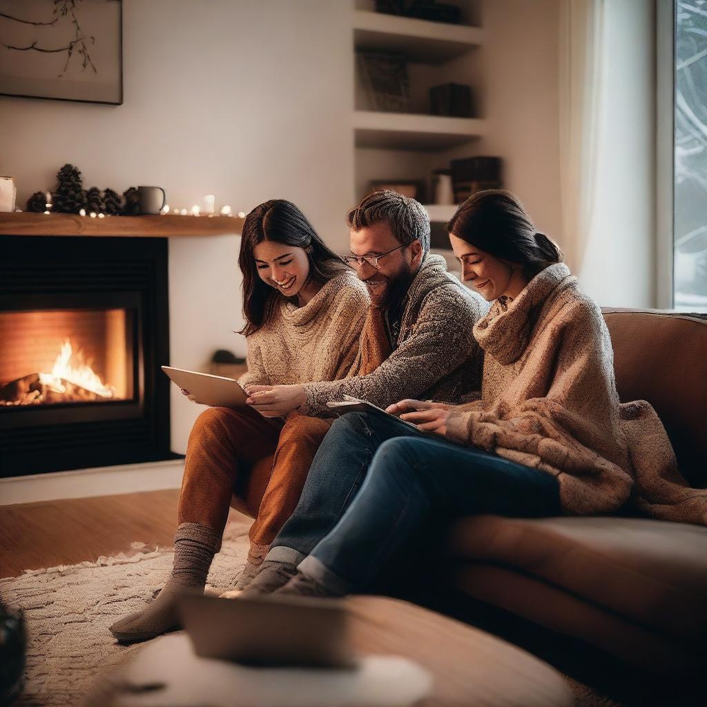 A cozy living room illuminated by a warm fireplace with a couple sitting on a plush couch holding laptops