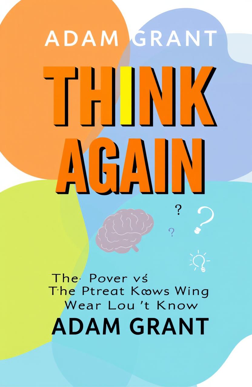 A creative book cover design for Adam Grant's book titled "Think Again," featuring the subtitle, "The Power of Knowing What You Don't Know