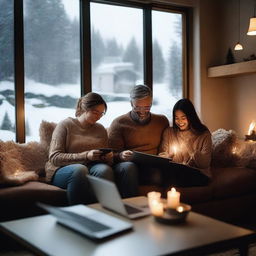 A cozy living room illuminated by a warm fireplace with a couple sitting on a plush couch holding laptops