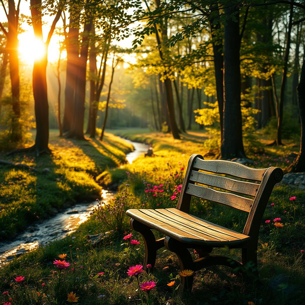 A serene forest landscape during the golden hour with sunlight filtering through the leaves, illuminating the forest floor dotted with vibrant wildflowers in full bloom