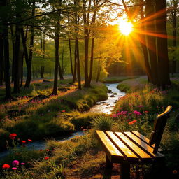 A serene forest landscape during the golden hour with sunlight filtering through the leaves, illuminating the forest floor dotted with vibrant wildflowers in full bloom