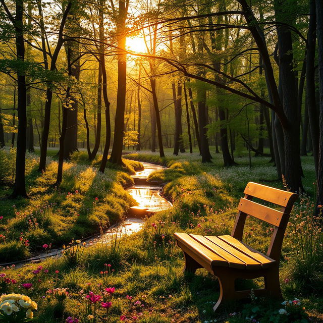 A serene forest landscape during the golden hour with sunlight filtering through the leaves, illuminating the forest floor dotted with vibrant wildflowers in full bloom