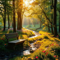 A serene forest landscape during the golden hour with sunlight filtering through the leaves, illuminating the forest floor dotted with vibrant wildflowers in full bloom