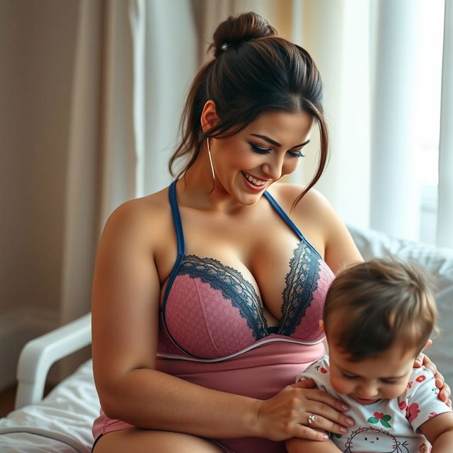 A sexy nurse in alluring lingerie, featuring a revealing bra that accentuates her voluptuous figure, assisting a child in a caring and nurturing way
