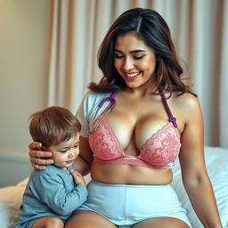 A sexy nurse in alluring lingerie, featuring a revealing bra that accentuates her voluptuous figure, assisting a child in a caring and nurturing way