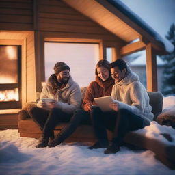 A cozy living room illuminated by a warm fireplace with a couple sitting on a plush couch holding laptops