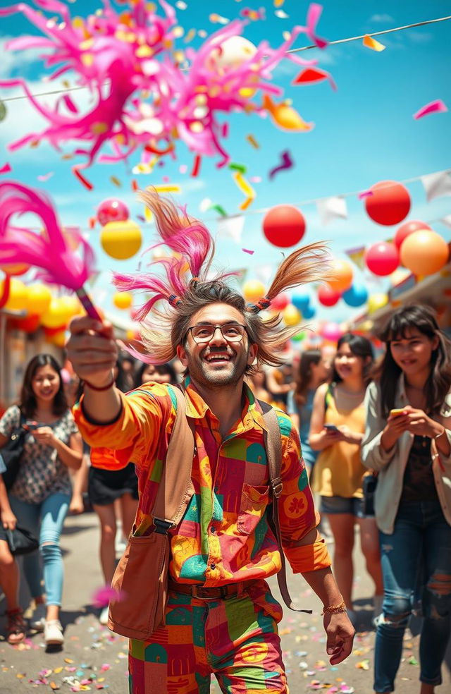 A whimsical scene depicting a man with a playful smile, wearing a colorful outfit, shooting vibrant ponytails into the air like confetti at a joyful outdoor festival