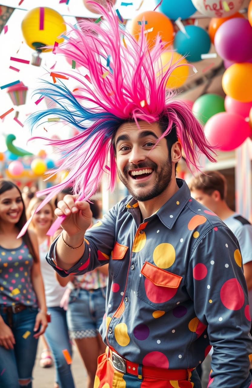 A whimsical scene depicting a man with a playful smile, wearing a colorful outfit, shooting vibrant ponytails into the air like confetti at a joyful outdoor festival