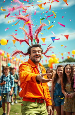A whimsical scene depicting a man with a playful smile, wearing a colorful outfit, shooting vibrant ponytails into the air like confetti at a joyful outdoor festival
