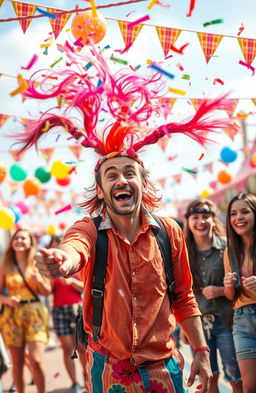 A whimsical scene depicting a man with a playful smile, wearing a colorful outfit, shooting vibrant ponytails into the air like confetti at a joyful outdoor festival