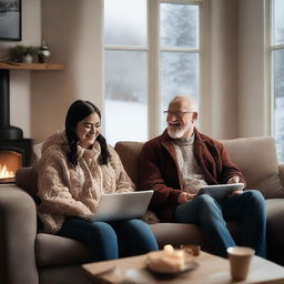 A cozy living room illuminated by a warm fireplace with a couple sitting on a plush couch holding laptops