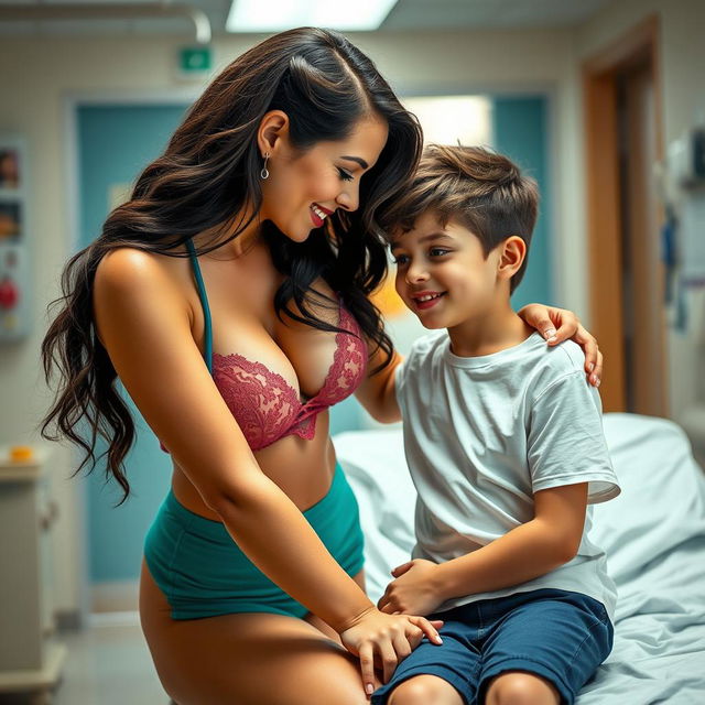 A scene featuring a sexy nurse wearing alluring lingerie, showcasing her big breasts and a stylish bra, assisting a teenage boy in a playful and lighthearted hospital setting