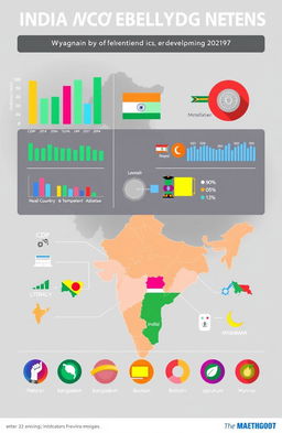 A comparative infographic displaying the development levels of India and its neighboring countries such as Pakistan, Bangladesh, Nepal, Bhutan, Sri Lanka, and Myanmar