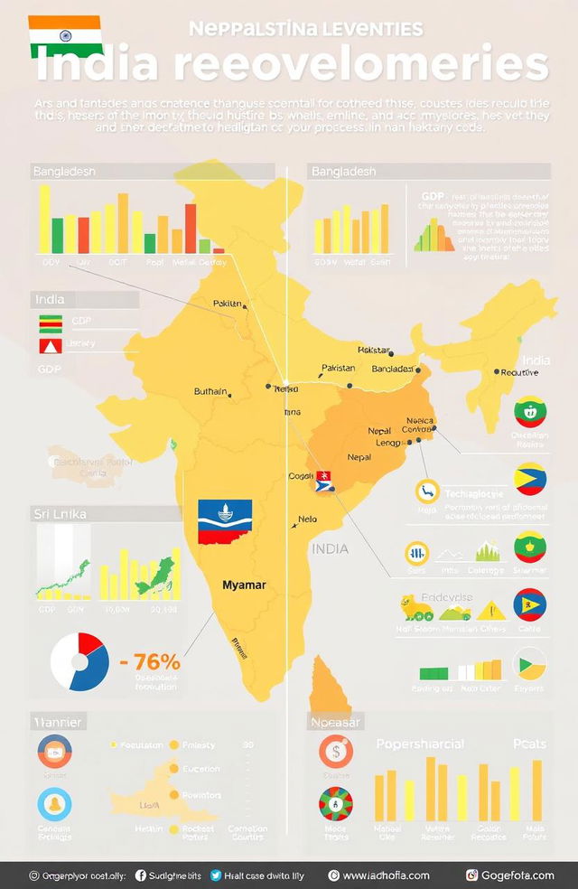 A comparative infographic displaying the development levels of India and its neighboring countries such as Pakistan, Bangladesh, Nepal, Bhutan, Sri Lanka, and Myanmar