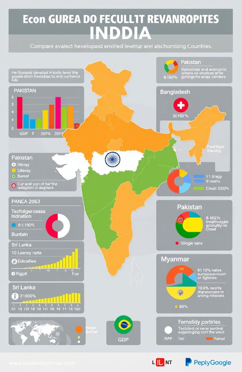 A comparative infographic displaying the development levels of India and its neighboring countries such as Pakistan, Bangladesh, Nepal, Bhutan, Sri Lanka, and Myanmar