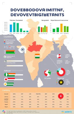 A comparative infographic displaying the development levels of India and its neighboring countries such as Pakistan, Bangladesh, Nepal, Bhutan, Sri Lanka, and Myanmar