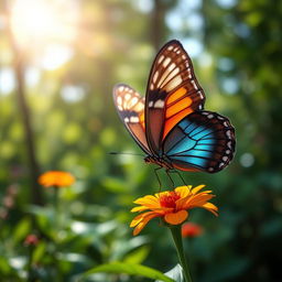 A breathtakingly realistic butterfly perched delicately on a vibrant flower in a lush green landscape, showcasing the intricate details of its wings with vivid colors and patterns