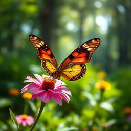 A breathtakingly realistic butterfly perched delicately on a vibrant flower in a lush green landscape, showcasing the intricate details of its wings with vivid colors and patterns