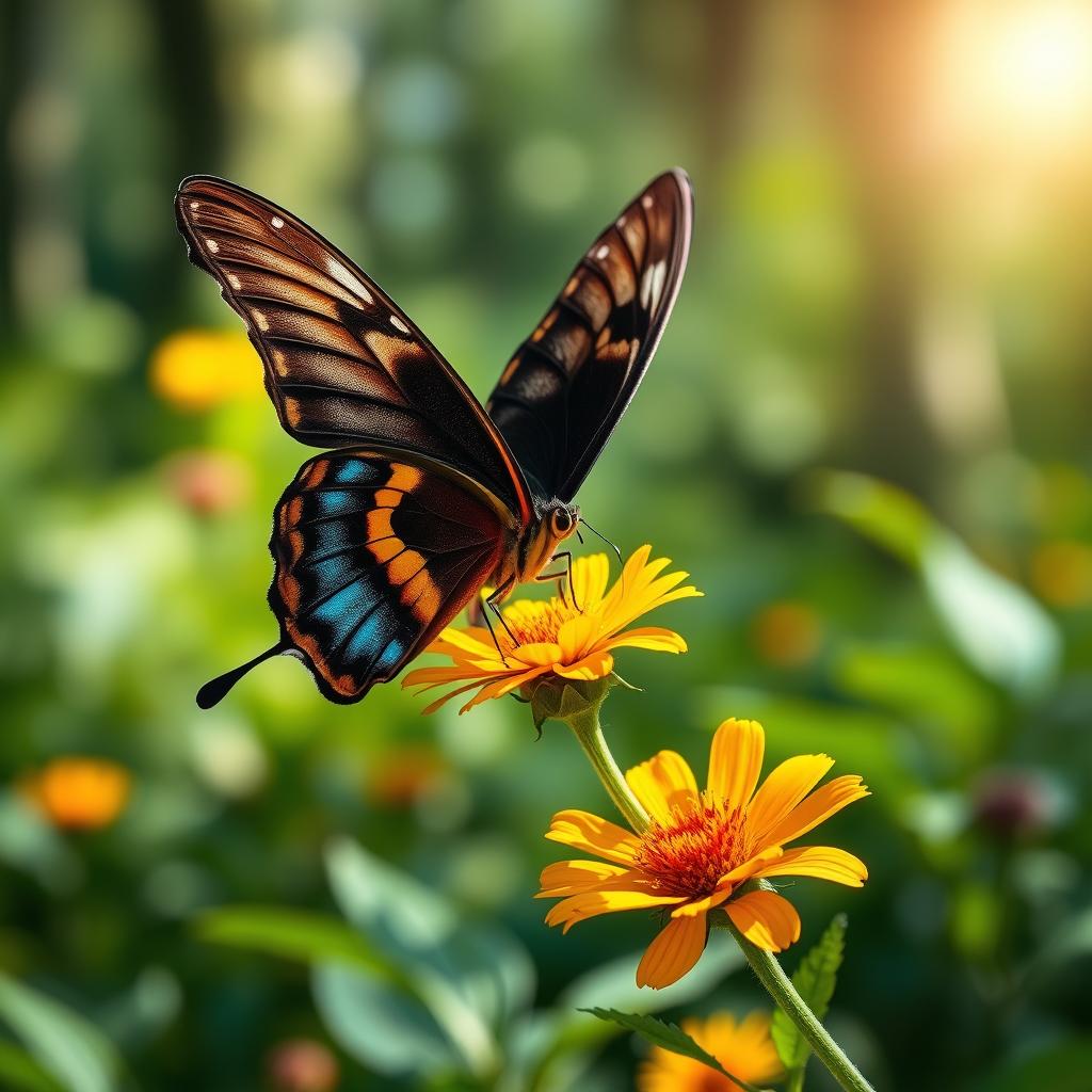 A breathtakingly realistic butterfly perched delicately on a vibrant flower in a lush green landscape, showcasing the intricate details of its wings with vivid colors and patterns