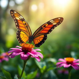 A breathtakingly realistic butterfly perched delicately on a vibrant flower in a lush green landscape, showcasing the intricate details of its wings with vivid colors and patterns