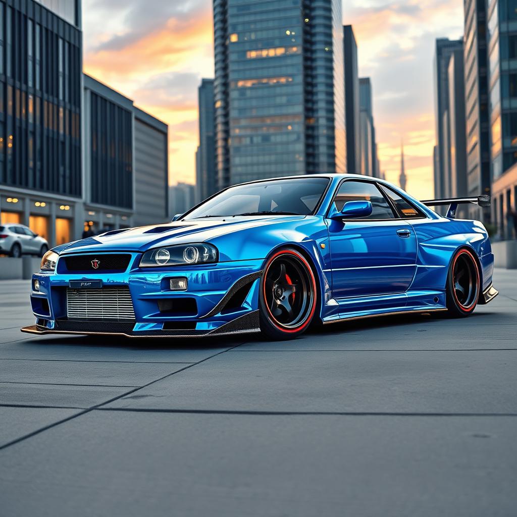 A detailed and vibrant depiction of an Amuse Carbon R34, a modified version of the Nissan Skyline GT-R R34 from 2004