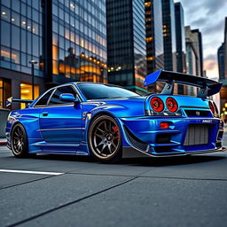 A detailed and vibrant depiction of an Amuse Carbon R34, a modified version of the Nissan Skyline GT-R R34 from 2004