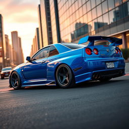 A detailed and vibrant depiction of an Amuse Carbon R34, a modified version of the Nissan Skyline GT-R R34 from 2004