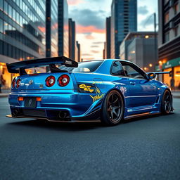 A detailed and vibrant depiction of an Amuse Carbon R34, a modified version of the Nissan Skyline GT-R R34 from 2004