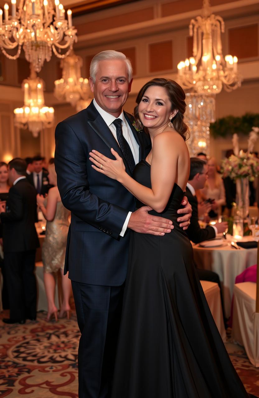 A wealthy businessman in a sleek suit embracing the waist of an elegantly dressed woman at an upscale event