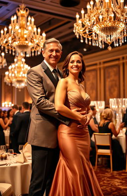 A wealthy businessman in a sleek suit embracing the waist of an elegantly dressed woman at an upscale event