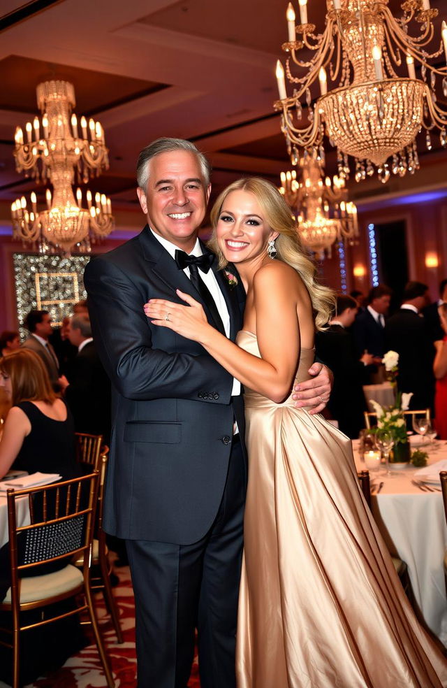 A wealthy businessman in a sleek suit embracing the waist of an elegantly dressed woman at an upscale event