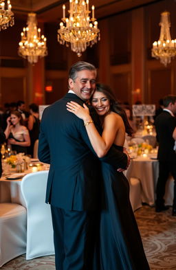A wealthy businessman in a sleek suit embracing the waist of an elegantly dressed woman at an upscale event