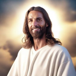 Jesus Christ with a radiant halo, dressed in a white robe, standing peacefully, with arms open wide and a gentle smile, against a backdrop of a warmly lit sky