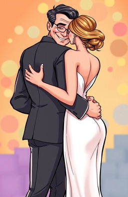 A cartoon illustration of a rich man wearing an elegant suit, hugging the waist of a stylish woman dressed in a beautiful dress