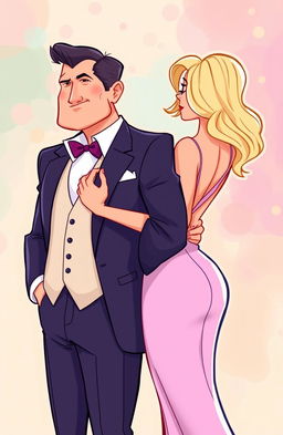 A cartoon illustration of a rich man wearing an elegant suit, hugging the waist of a stylish woman dressed in a beautiful dress