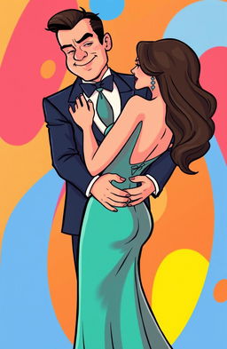 A cartoon illustration of a rich man wearing an elegant suit, hugging the waist of a stylish woman dressed in a beautiful dress