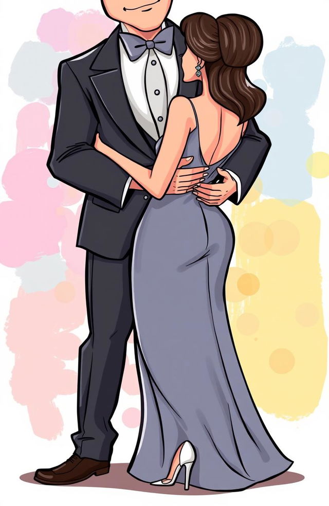 A cartoon illustration of a rich man wearing an elegant suit, hugging the waist of a stylish woman dressed in a beautiful dress